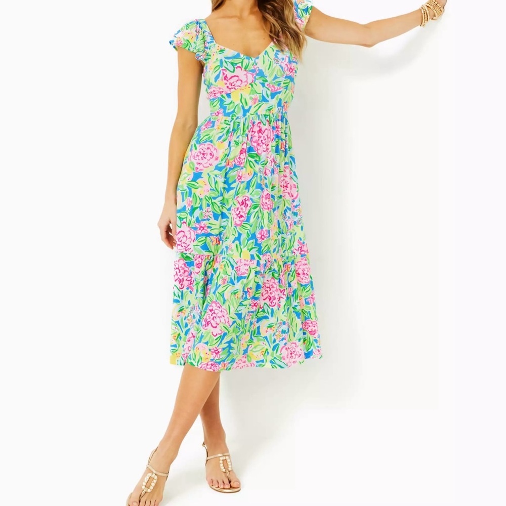 NWT Lilly Pulitzer Bayleigh Flutter Sleeve Midi Dress in Grove Garden, 14